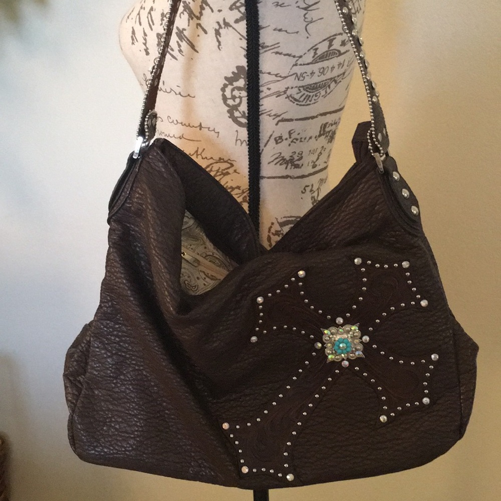 Brown Pebble Western Cross Handbag